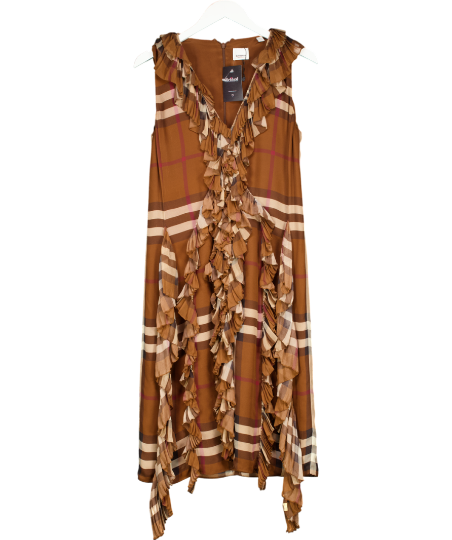 Burberry Brown Pleated Ruffle Detail Check Silk Georgette Dress UK 10