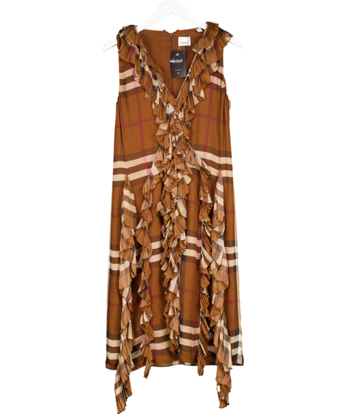 Burberry Brown Pleated Ruffle Detail Check Silk Georgette Dress UK 10