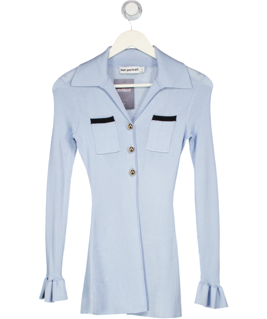 Self-Portrait Blue Ribbed Viscose Knit Longline Top UK XS