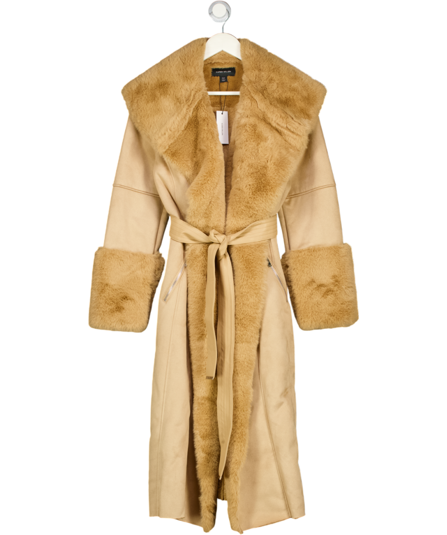 Karen Millen Beige Faux Shearling Collar & Cuff Belted Midi Coat UK 12