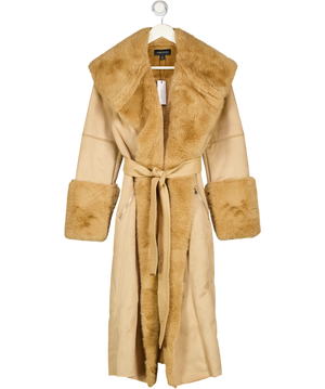 Karen Millen Beige Faux Shearling Collar & Cuff Belted Midi Coat UK 12