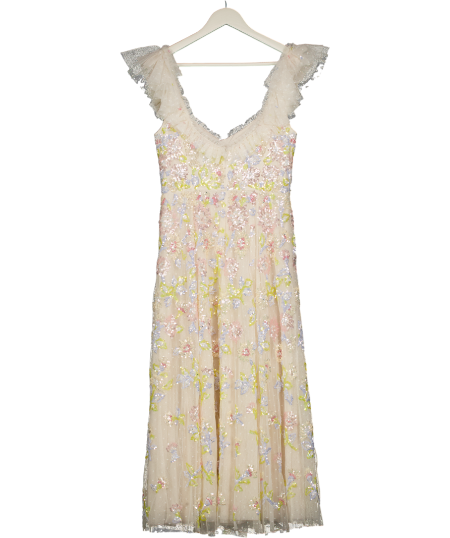 NEEDLE & THREAD Cream Sequin Dandelion Ruffle Ballerina Dress UK 12
