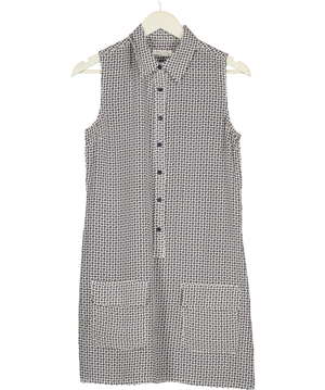 EQUIPMENT White / Navy Blue Geo Print Sleeveless 100% Silk Shirt Dress UK XS