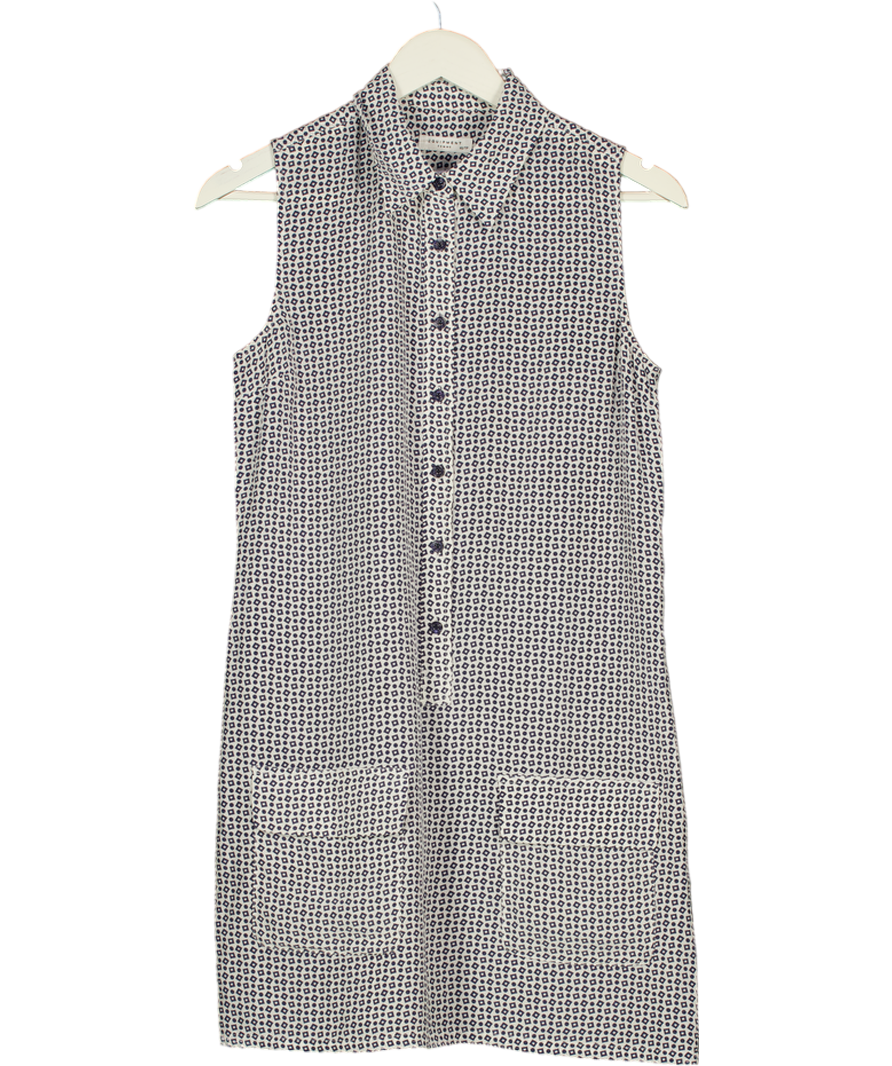 EQUIPMENT White / Navy Blue Geo Print Sleeveless 100% Silk Shirt Dress UK XS