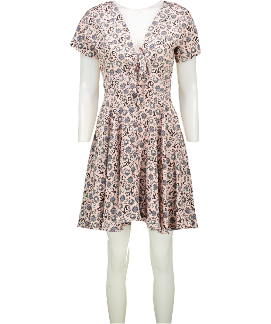 Sandro Pink 100% Silk  Rusy Rose Love & Peace Print Bow Back Dress Sz2 UK 10