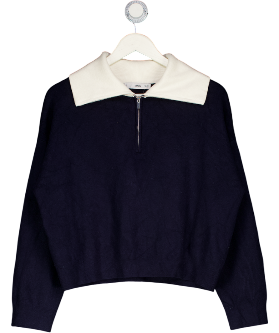 MANGO Navy Blue Knitted Sweater With Contrasting Collar UK S