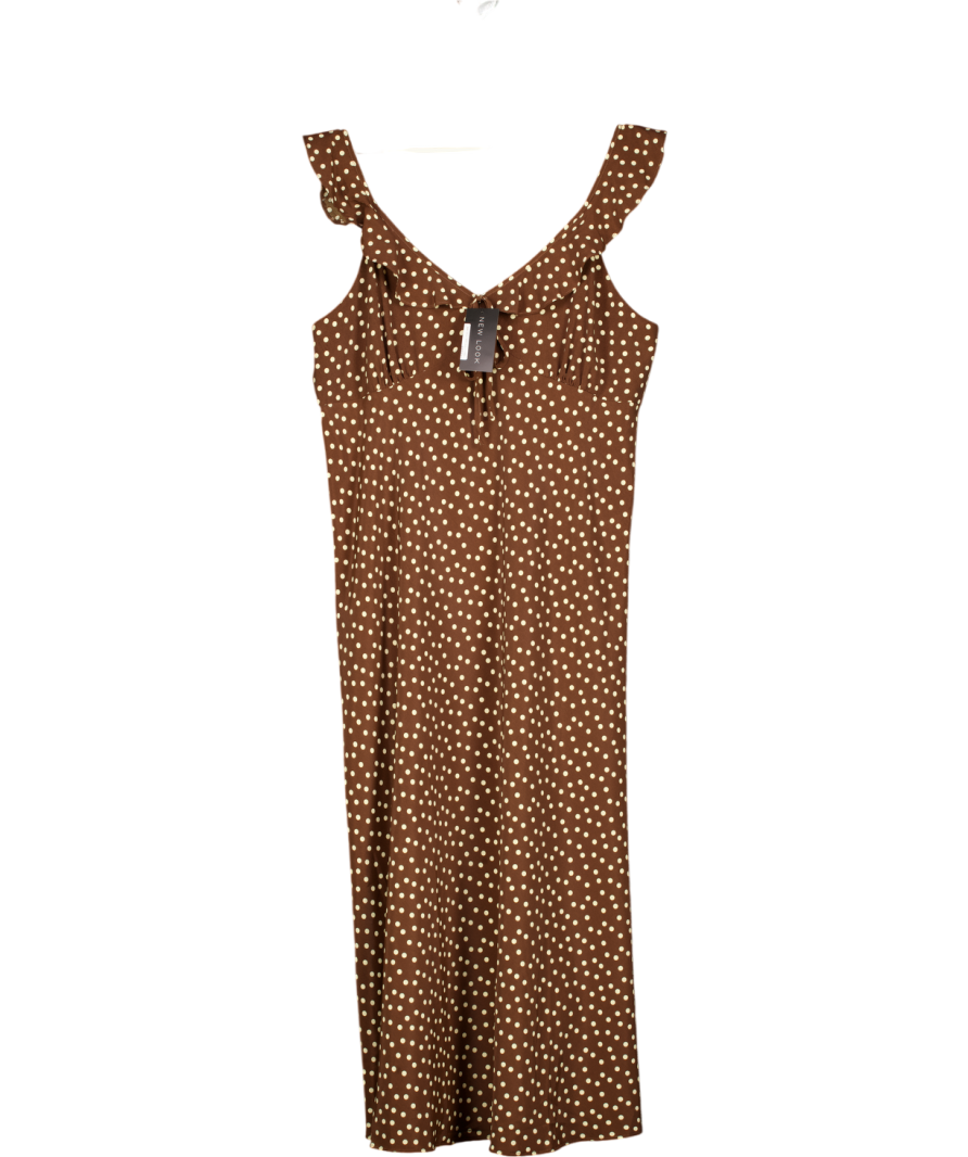 NEW LOOK Brown Ruffle Strap Polka Dot Midi Dress UK 18