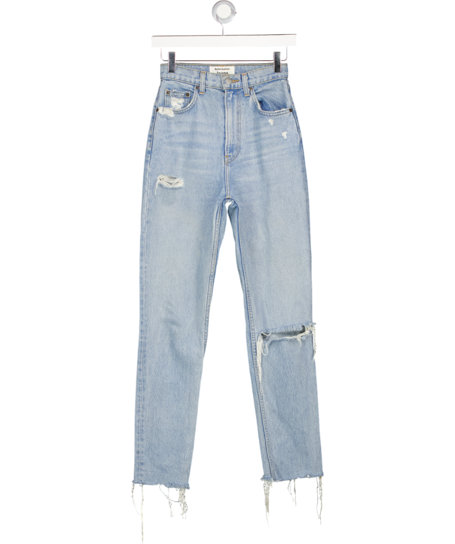 REFORMATION Blue Stevie Ultra High Rise Ripped Knee Jeans W23
