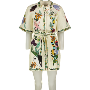 ALÉMAIS Cream Botanical Print Belted  100% Linen Mini Shirt Dress UK 6