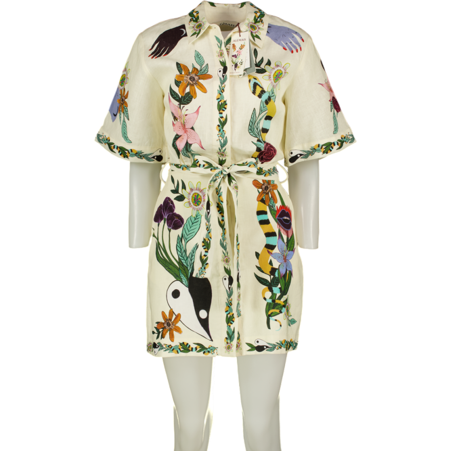 ALÉMAIS Cream Botanical Print Belted  100% Linen Mini Shirt Dress UK 6