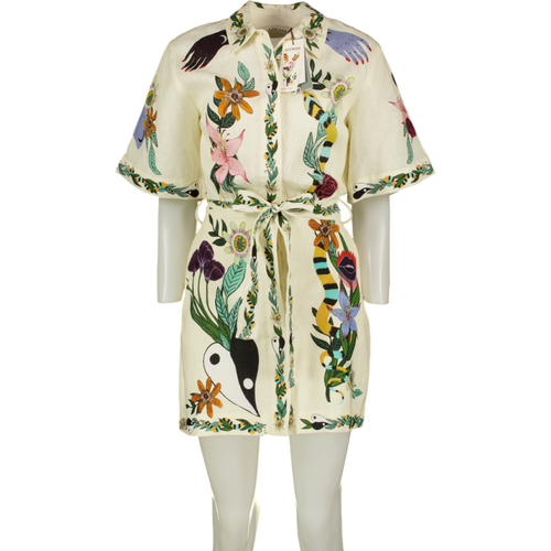 ALÉMAIS Cream Botanical Print Belted  100% Linen Mini Shirt Dress UK 6