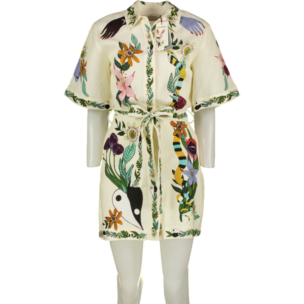 ALÉMAIS Cream Botanical Print Belted  100% Linen Mini Shirt Dress UK 6