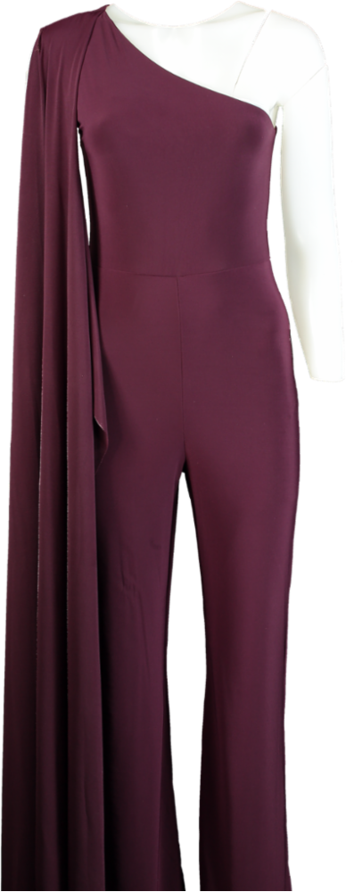 Club L Plum Julie Asymmetric Flared-Leg Jumpsuit with Cape Sleeve UK 10