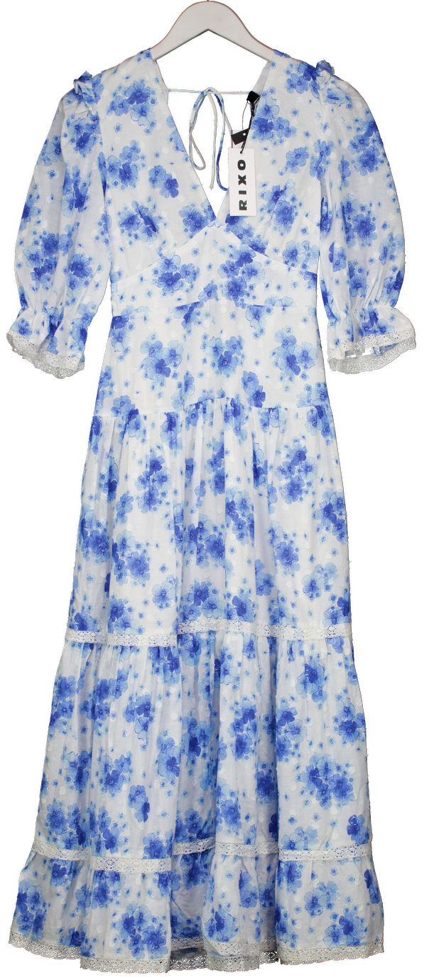 Rixo White / Blue Adelaide Lace-trimmed Floral-print Swiss-dot Cotton Midi Dress UK 6