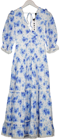 Rixo White / Blue Adelaide Lace-trimmed Floral-print Swiss-dot Cotton Midi Dress UK 6
