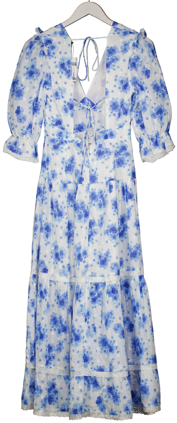Rixo White / Blue Adelaide Lace-trimmed Floral-print Swiss-dot Cotton Midi Dress UK 6