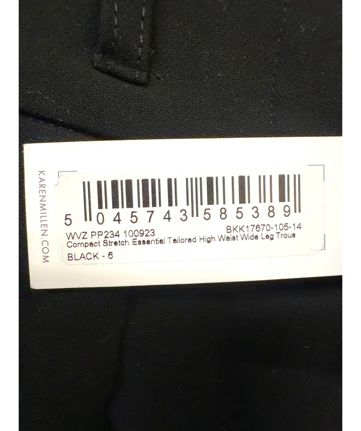 KAREN MILLEN Black Compact Stretch Essential Tailored High Waist Wide Leg Trousers, size UK 6 — label