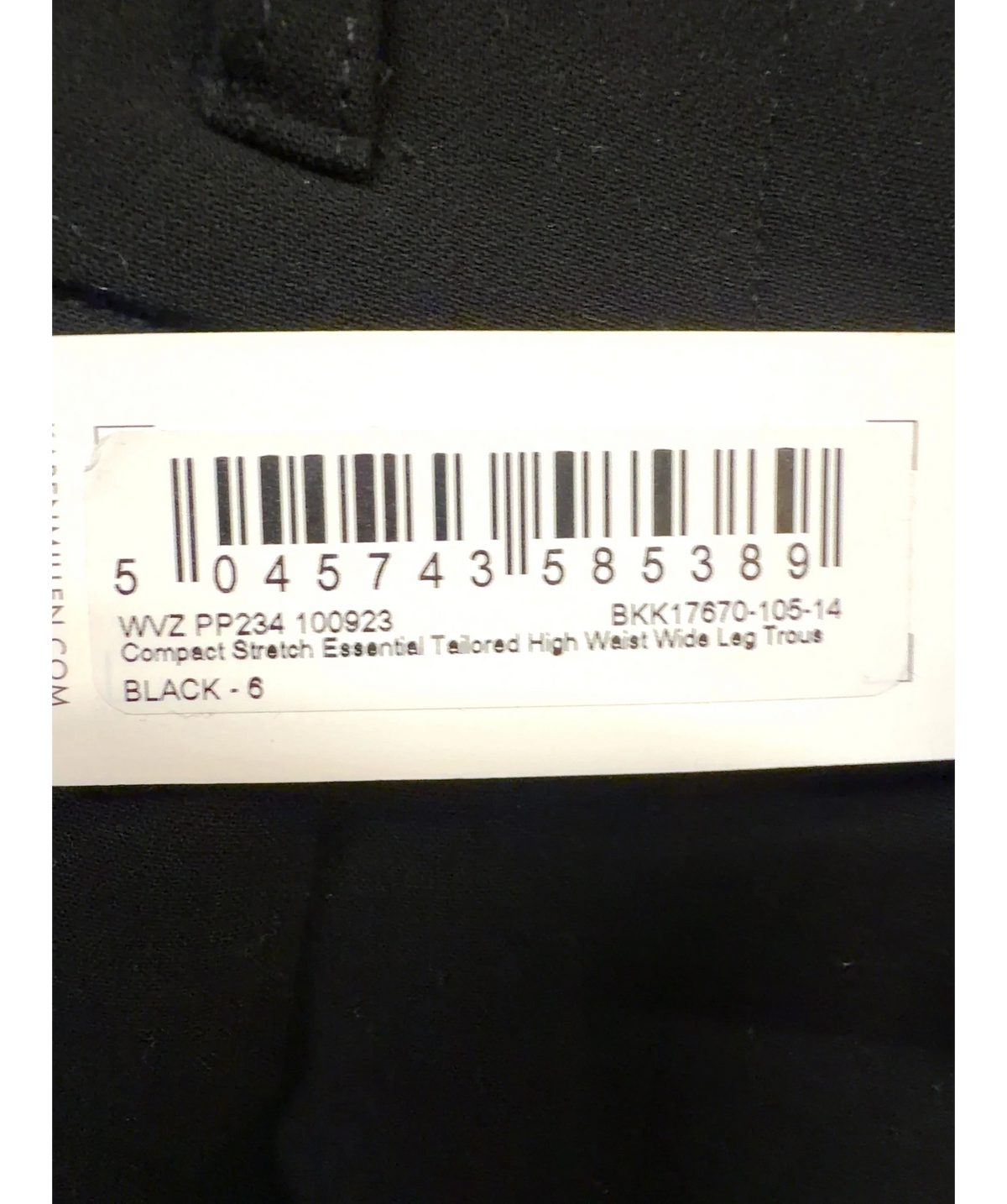 KAREN MILLEN Black Compact Stretch Essential Tailored High Waist Wide Leg Trousers, size UK 6 — care label