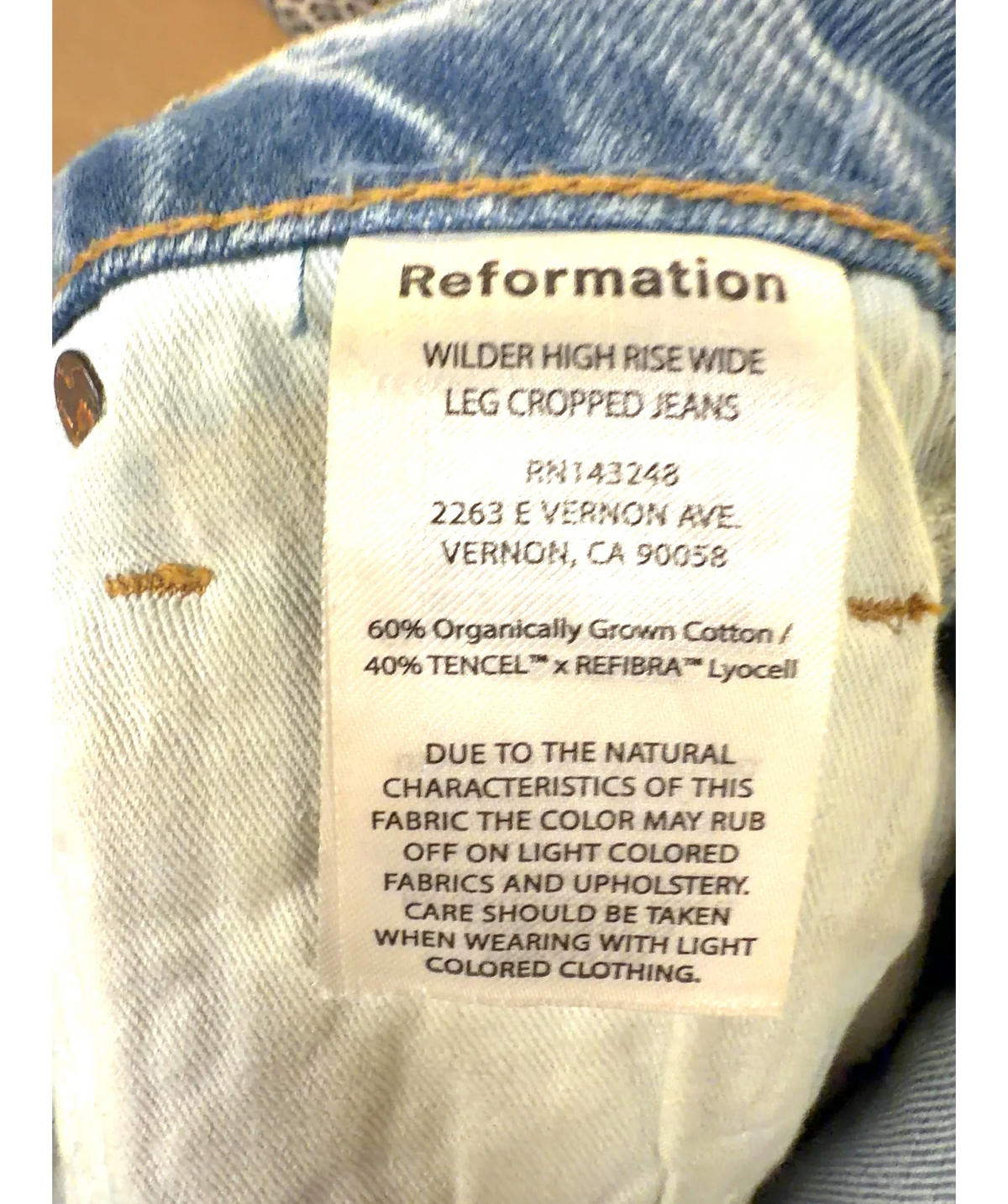 Reformation Blue Wilder High Rise Wide Leg Cropped Jeans, size W24 — label