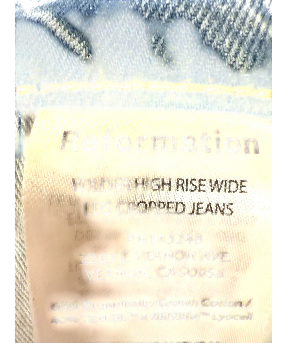 Reformation Blue Wilder High Rise Wide Leg Cropped Jeans, size W24 — fabric detail