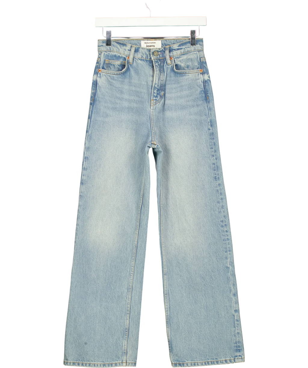 Reformation Blue Wilder High Rise Wide Leg Cropped Jeans, size W24 — front