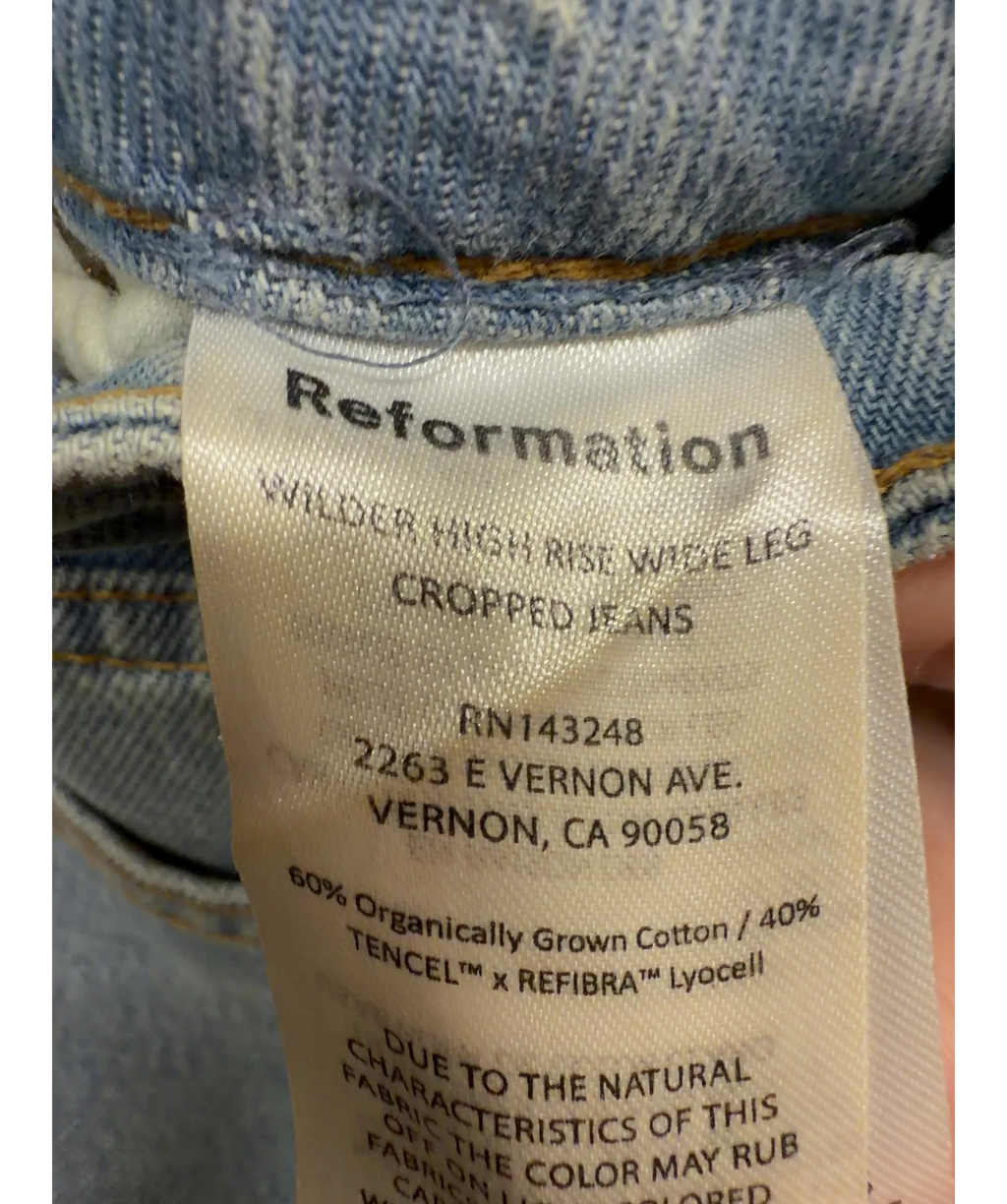 Reformation Blue Wilder High Rise Wide Leg Cropped Jeans, size W25 — label