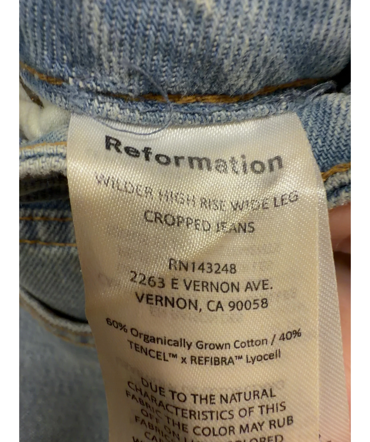 Reformation Blue Wilder High Rise Wide Leg Cropped Jeans, size W25 — label