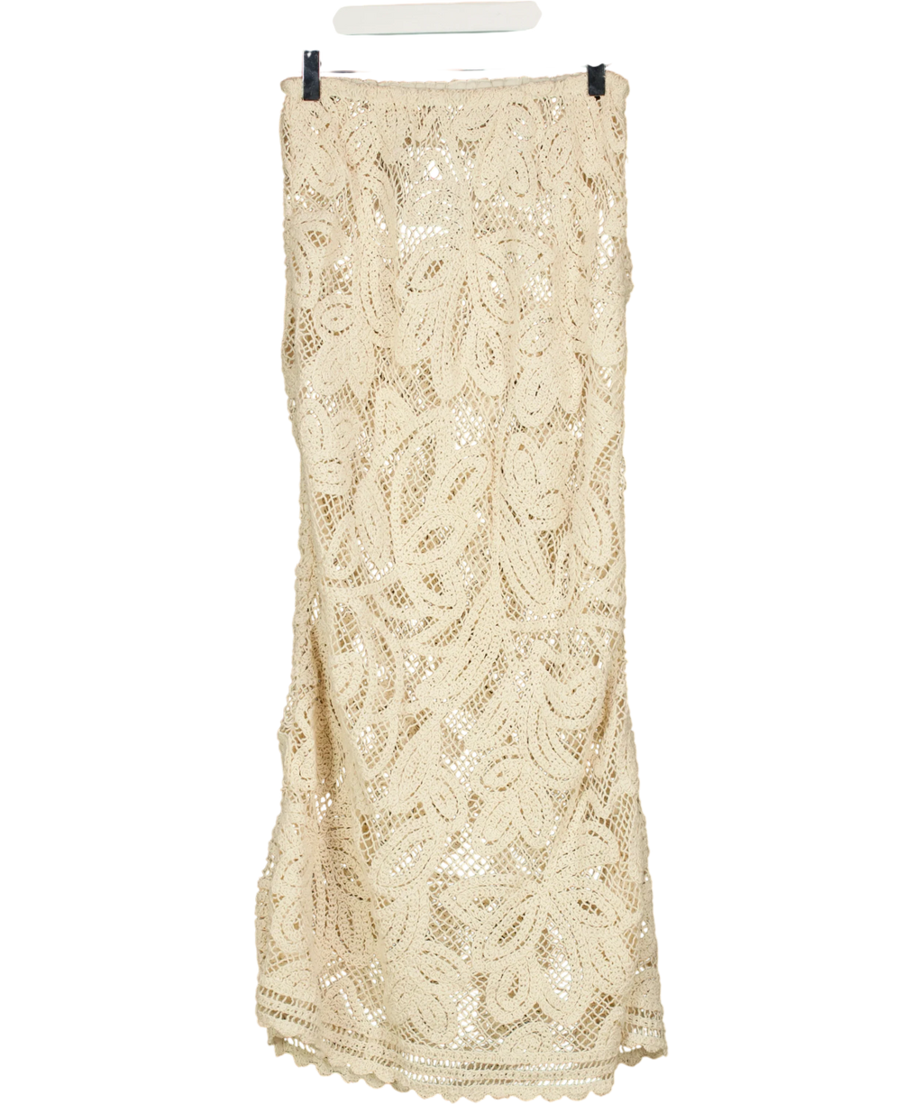 KAREN MILLEN Cream Floral Crochet Woven Beach Bias Cut Skirt, size UK XS — front