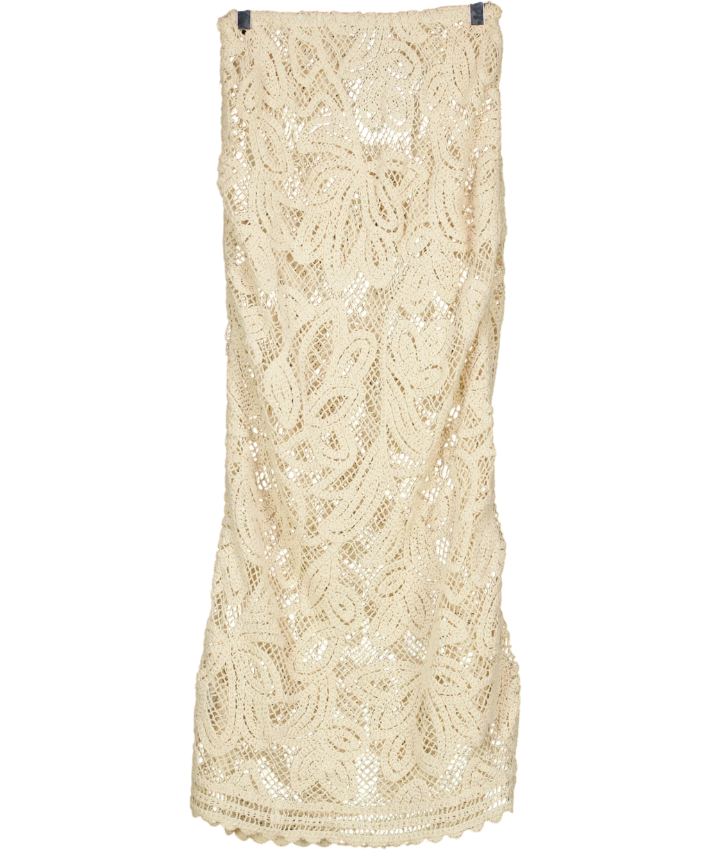 KAREN MILLEN Cream Floral Crochet Woven Beach Bias Cut Skirt, size UK XS — back