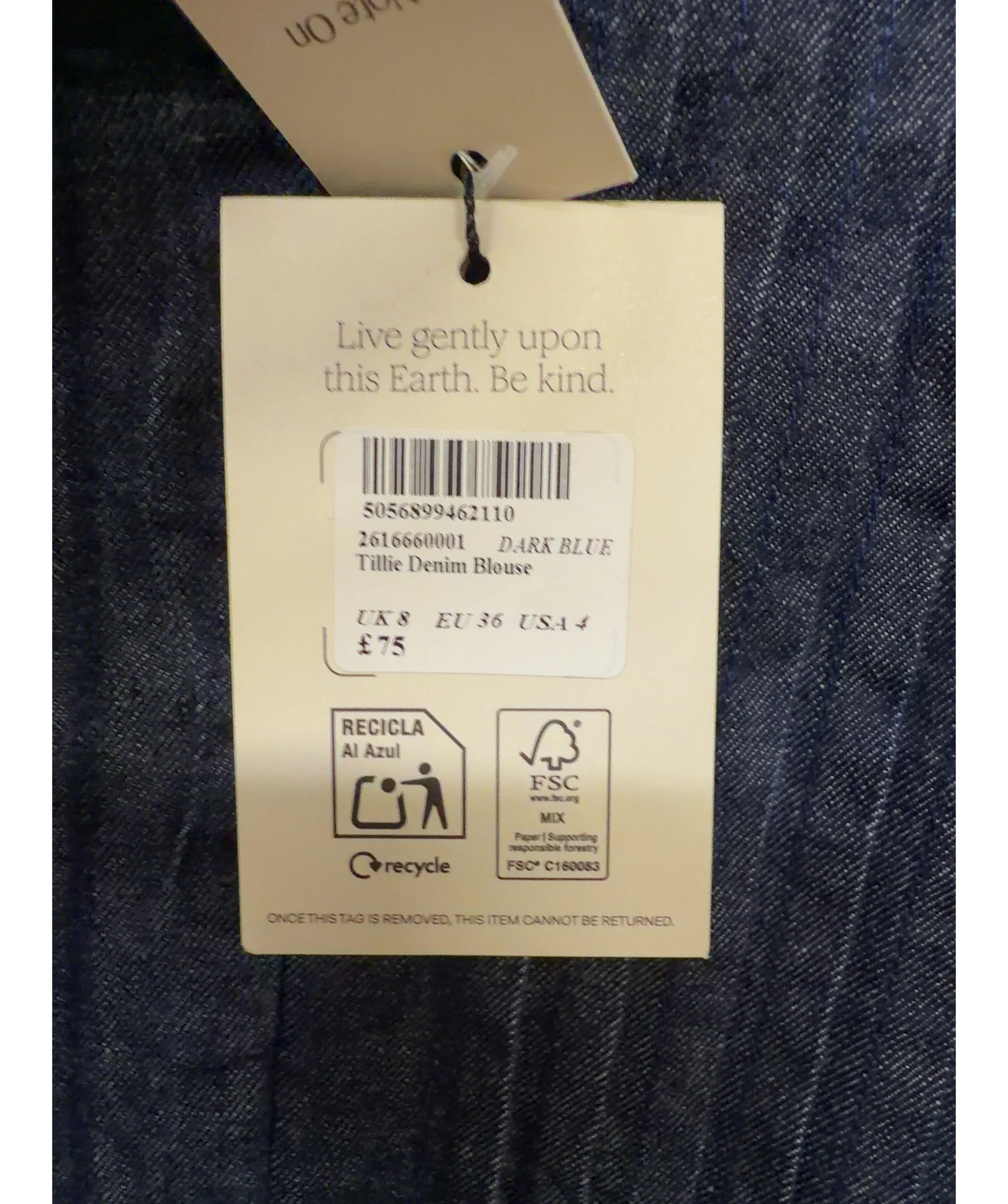 Nobody's Child Blue Tillie Denim Blouse, size UK 8 — care label