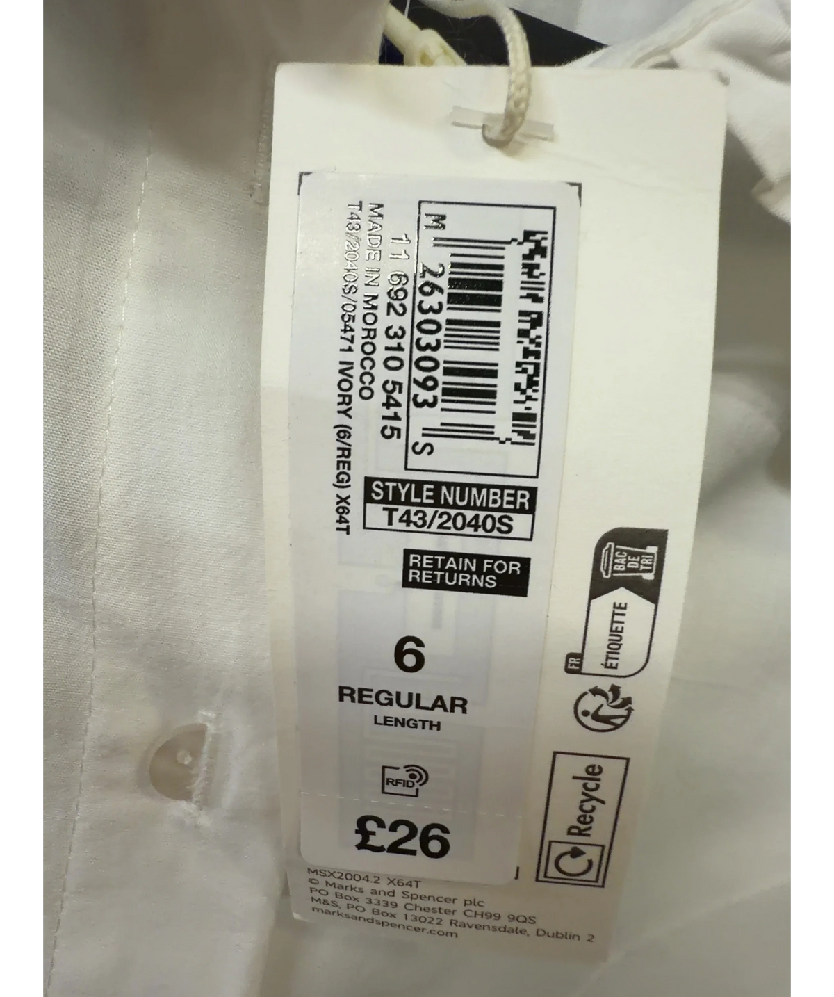 M&S White Colour, size UK 6 — label