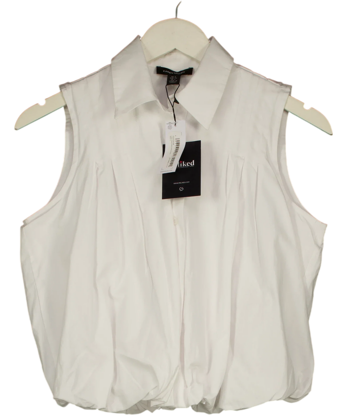 KAREN MILLEN White Cotton Sleeveless Puffball Shirt, size UK 6 — front