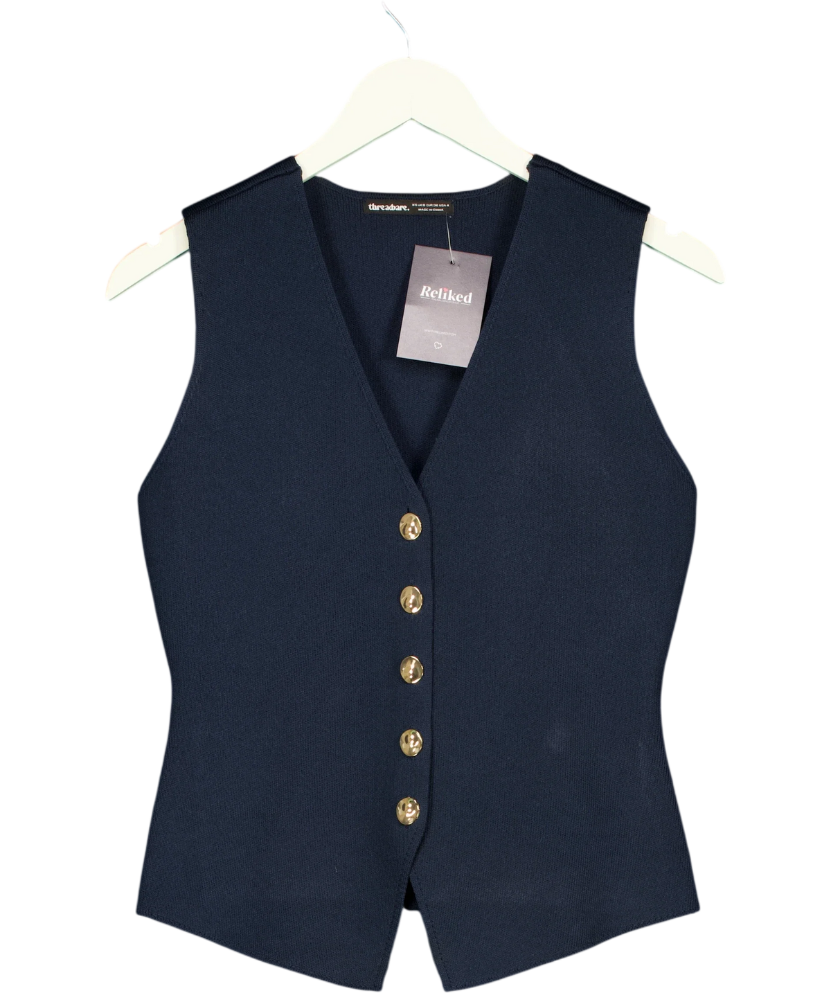 Threadbare navy V-Neck Knitted Waistcoat, size UK 8 — front