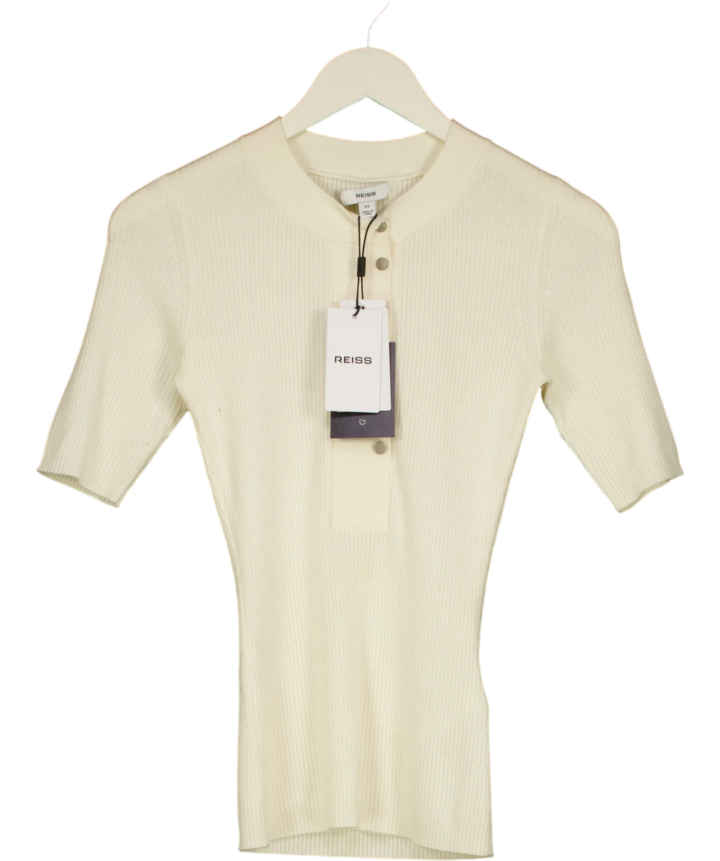REISS ivory Emily Button Detail Short Ribbed Top, size UK XS — front
