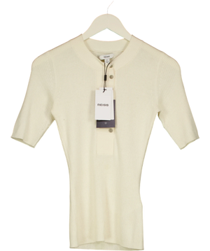 REISS Emily Button Detail Short Ribbed Top Cream XS