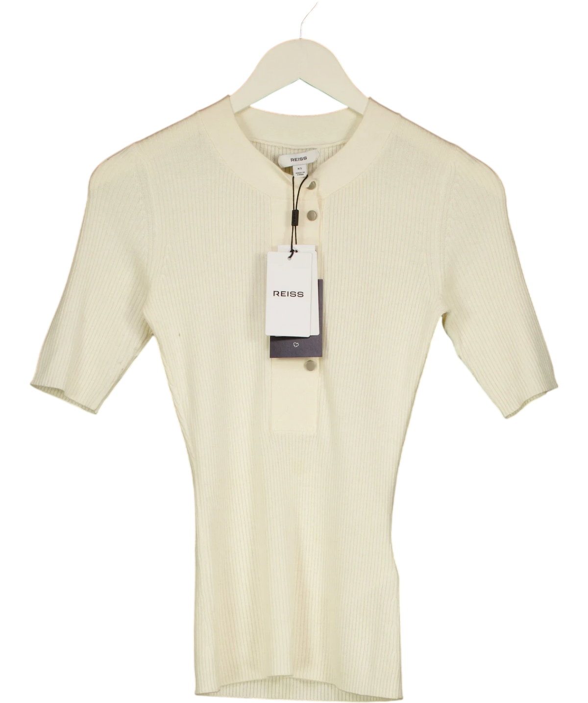 REISS ivory Emily Button Detail Short Ribbed Top, size UK XS — front