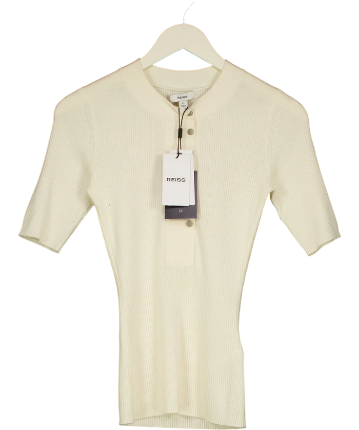REISS Emily Button Detail Short Ribbed Top Cream XS