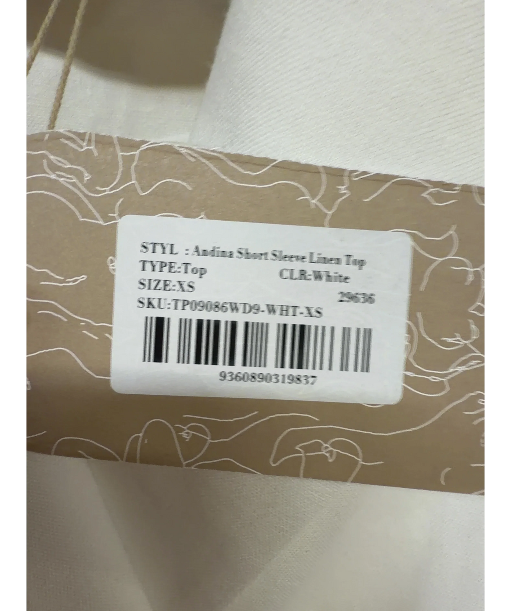 Meshki White Andina Shortsleeve Linen Top, size UK XS — care label