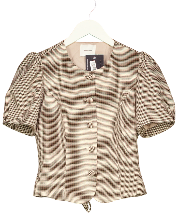 Reformation Brown Houndstooth  Puff Sleeve Jacket UK 6