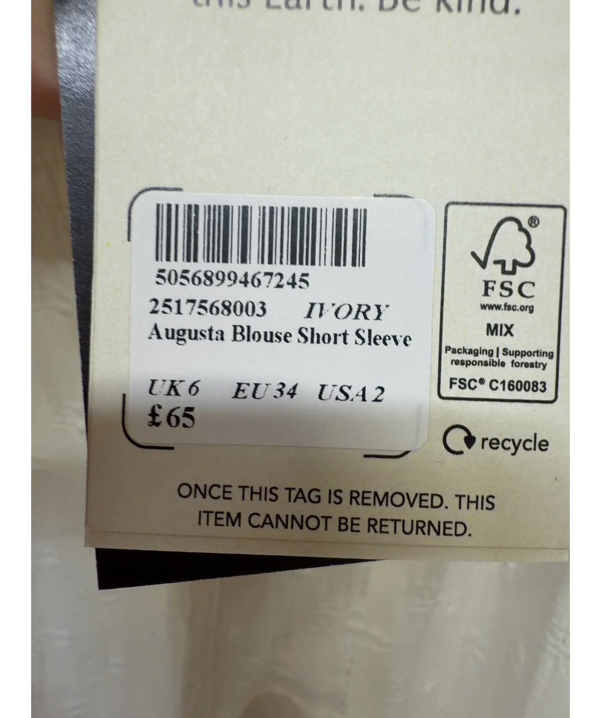 Nobody's Child White Augusta Blouse Short Sleeve, size UK 6 — care label
