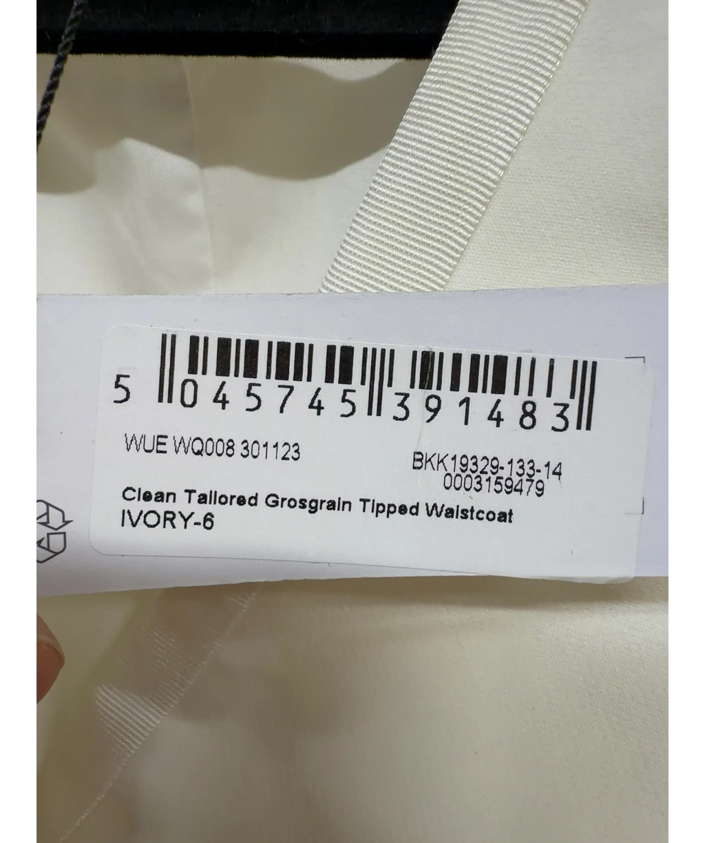 KAREN MILLEN ivory Clean Tailored Grosgrain Tipped Waistcoat, size UK 6 — care label