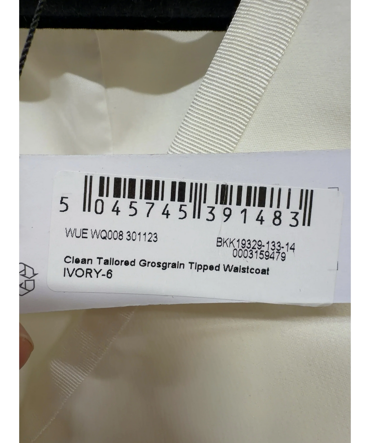 KAREN MILLEN ivory Clean Tailored Grosgrain Tipped Waistcoat, size UK 6 — care label