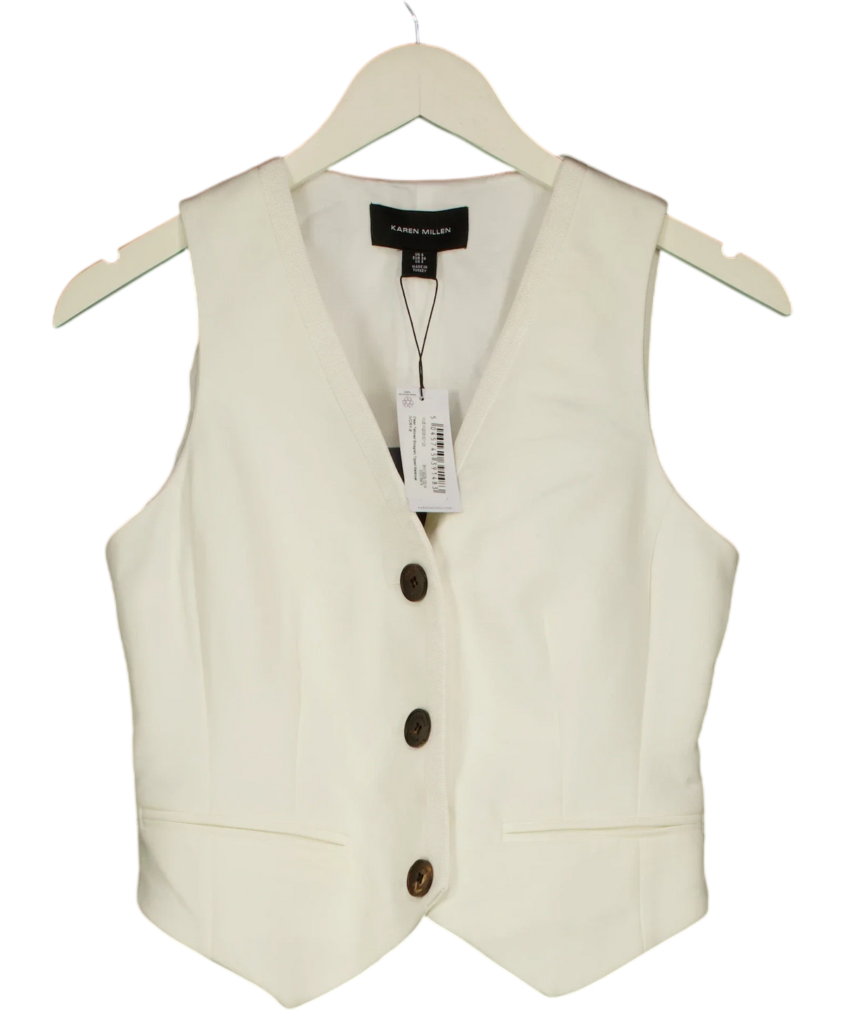 KAREN MILLEN ivory Clean Tailored Grosgrain Tipped Waistcoat, size UK 6 — front