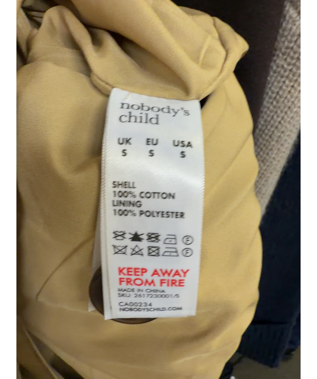 Nobody's Child camel Everyday Contrast Trench, size UK S — label