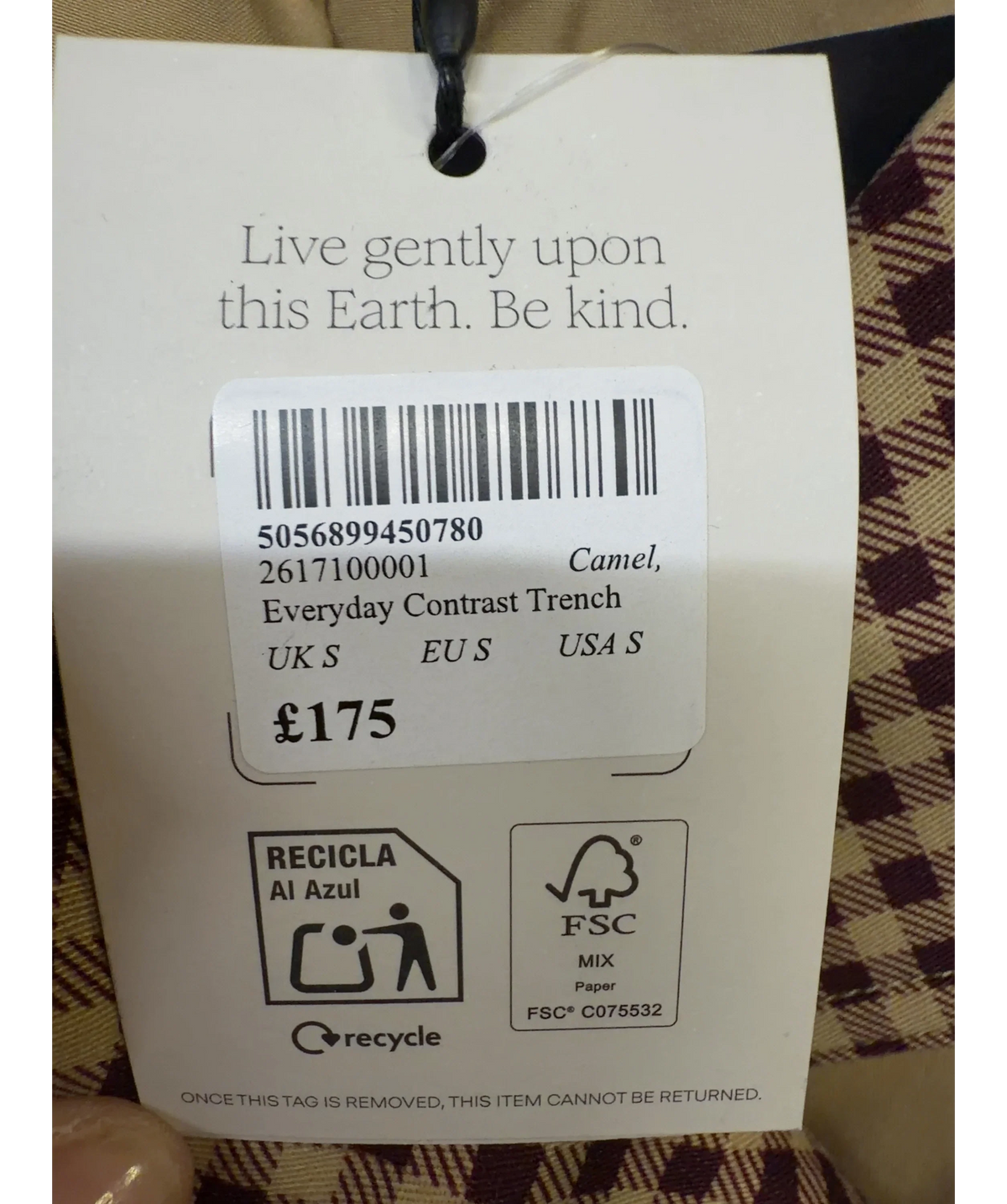 Nobody's Child camel Everyday Contrast Trench, size UK S — care label