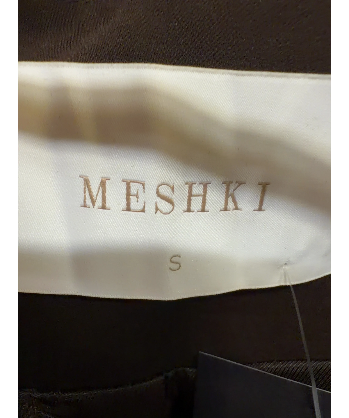 Meshki Brown collarless belted blazer, size UK S — detail