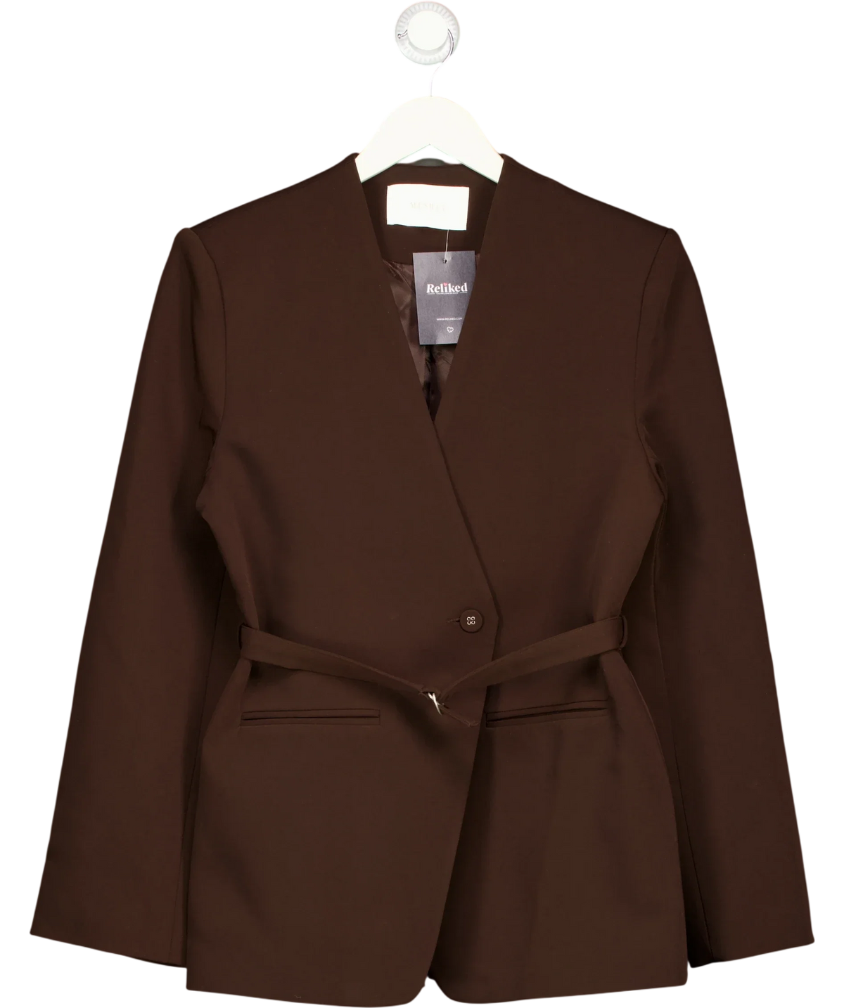Meshki Brown collarless belted blazer, size UK S — front