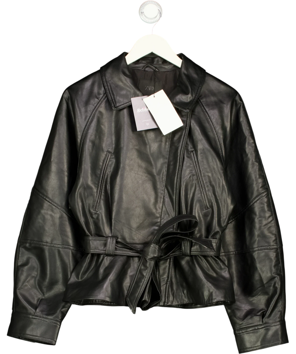 ZARA Black Belted Faux Leather Peplum/Bomber Jacket, size UK S — front