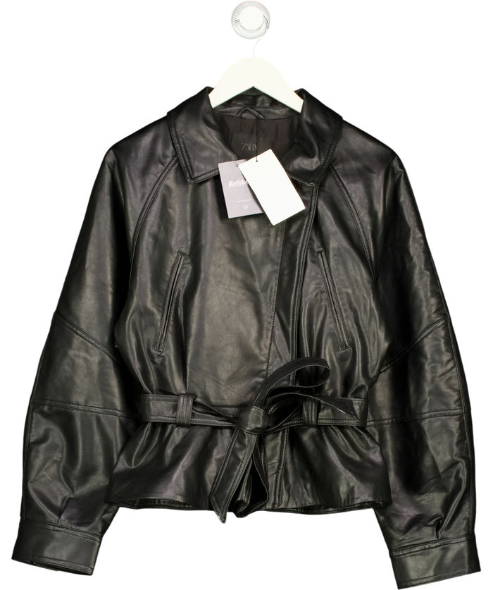 Zara Belted Faux Leather Peplum Bomber Jacket Black UK S