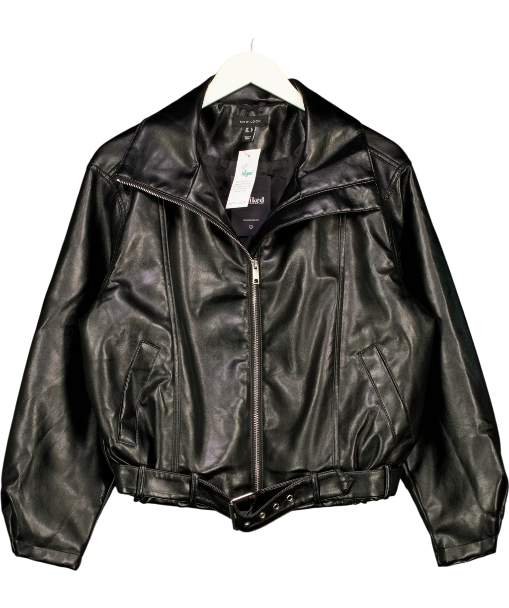 New Look Black Black Faux Leather Buckle Hem Funnel Neck Jacket, size UK 8 — front